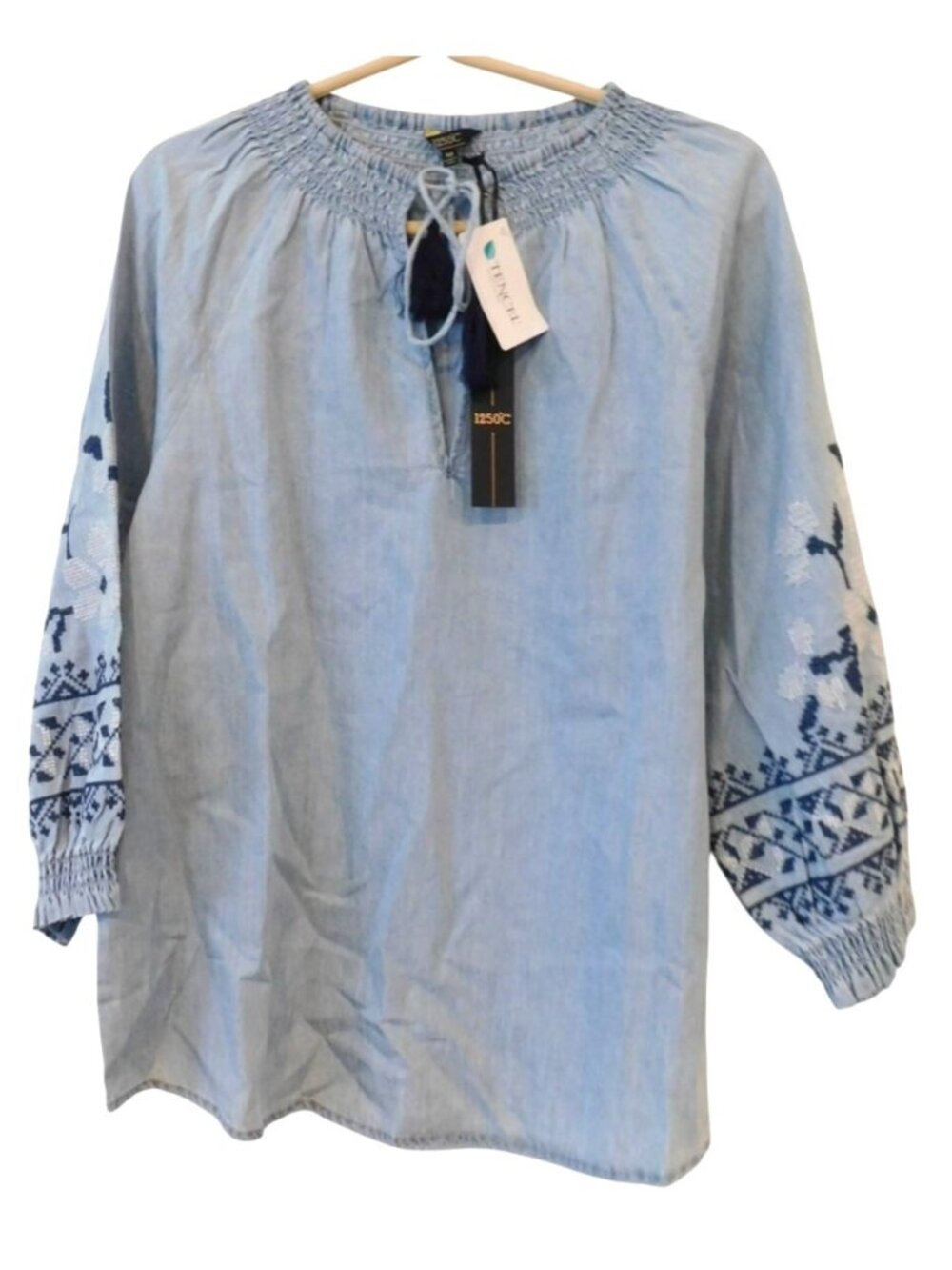 1250°C Women’s Size M Blue Embroidered Peasant Blouse Boho Smocked Neck Tie New